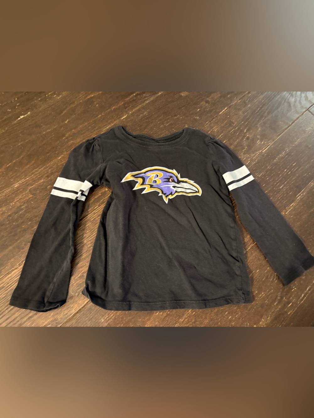 Black Crewneck Tee with Purple & Gold Horned Raven Patch Baltimore ravens